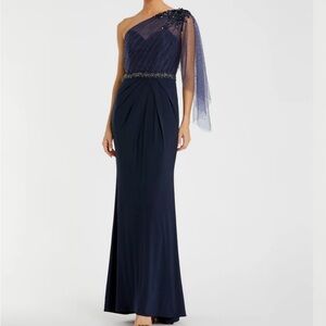 Mac Duggal Embellished One Shoulder Navy Dress